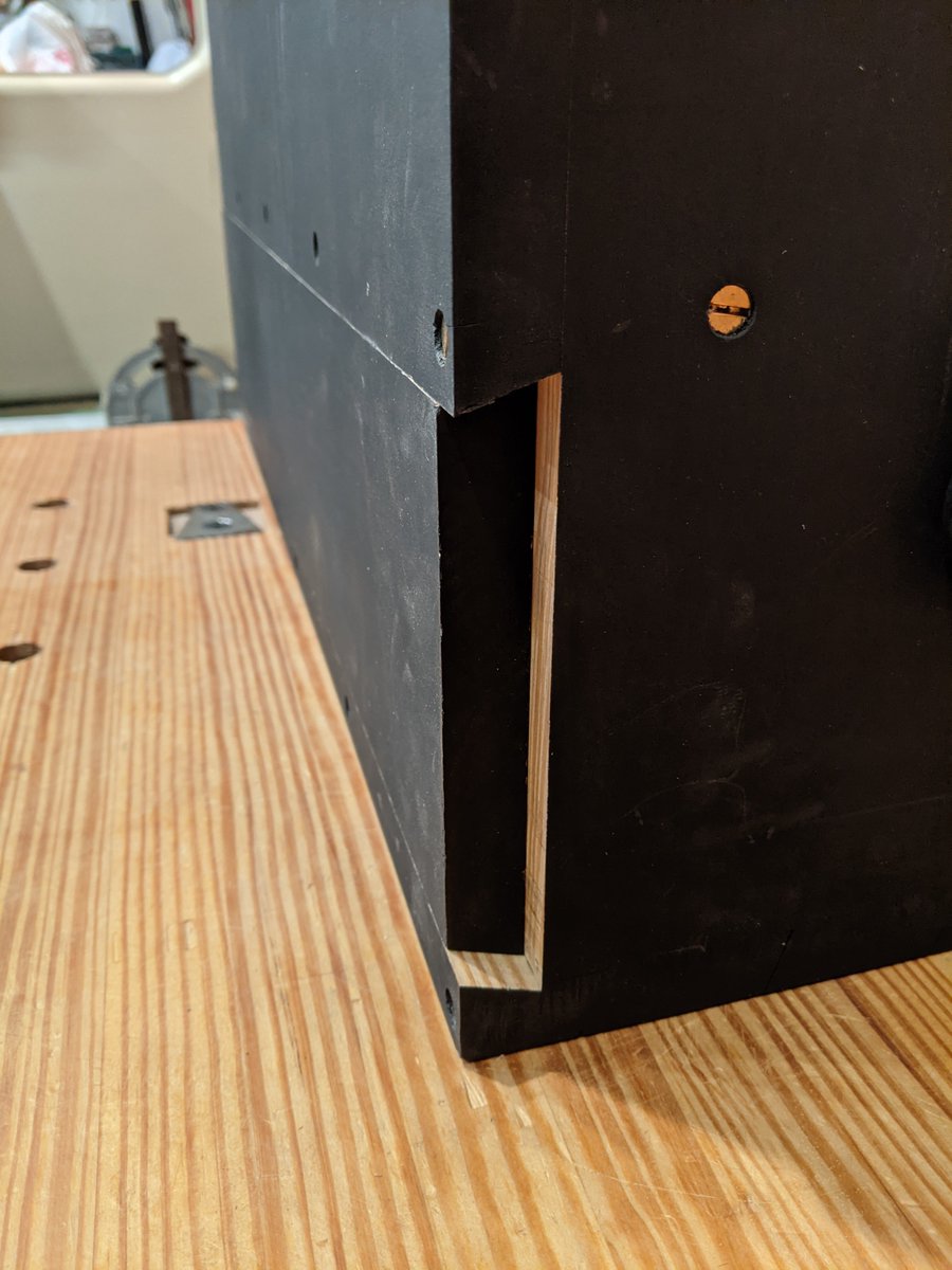 Given that a mildly determined thief could carry off my whole tool chest, I decided to leave off the security features and attached the door via sliding dovetail (it does get a bit tight during high humidity but it has never locked me out)