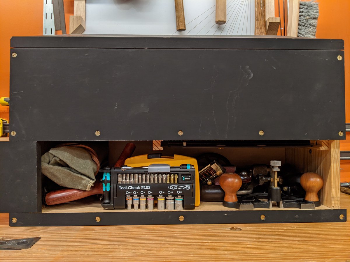 Given that a mildly determined thief could carry off my whole tool chest, I decided to leave off the security features and attached the door via sliding dovetail (it does get a bit tight during high humidity but it has never locked me out)