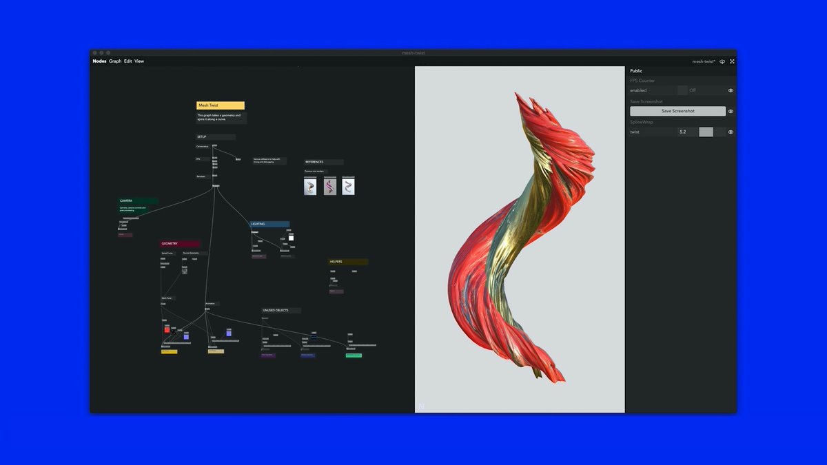 Nodes ( @nodes_io) by  @marcinignac,  @dmnsgn,  @nicknikolov and their team  @variable_io is a visual programming environment for creating generative graphics and web applications:  https://nodes.io/ 