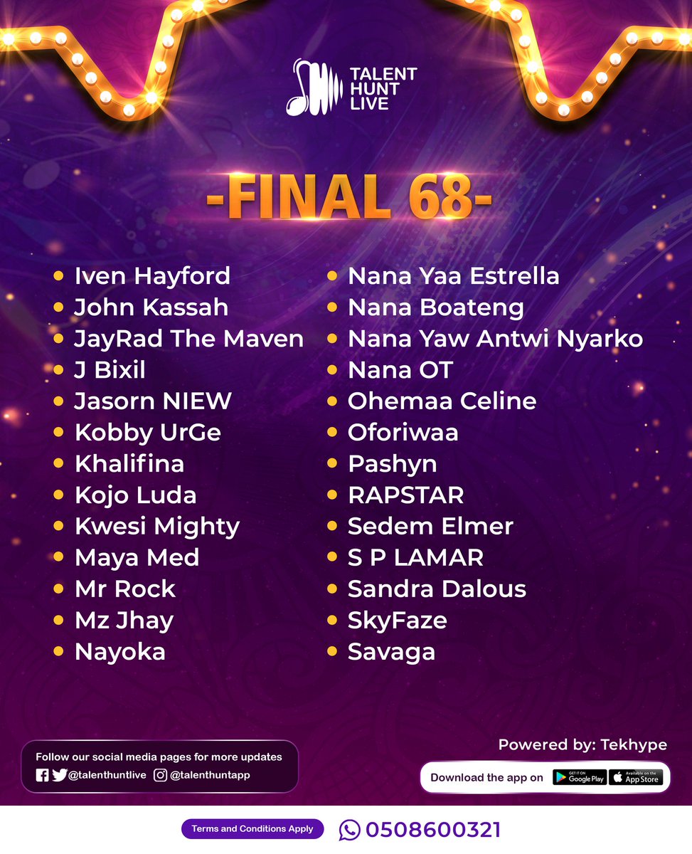 talenthuntlive's tweet photo. The full list of the selected 68 participants for the next stage of the competition.
Check to see if you made it.
#talenthuntlive #talenthuntapp #musiccompetition https://t.co/Rlb0ELgtuI
