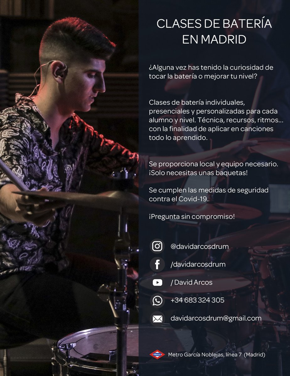 DavidArcosDrum's tweet photo. Voy a empezar a dar Clases de Batería en Madrid capital. Aprovechando las fechas navideñas, dispongo de vales regalo por si quieres regalar clases de batería estas navidades. Si puedes compartirlo lo agradezco muchísimo. ¡¡Gracias!! #clases #batería #madrid https://t.co/FNabK9bYxr