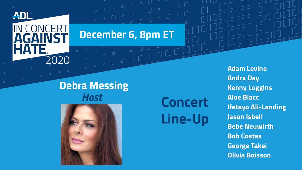 JGreenblattADL's tweet photo. Looking forward to @ADL in #ConcertAgainstHate tonight at 8 PM ET with host @debramessing! Tune in to see artists such as @AdamLevine, @JasonIsbell, @andradaymusic and more. Let’s celebrate fighting hate, together. https://t.co/2CLxyrLSer https://t.co/y7qCU7PmZs