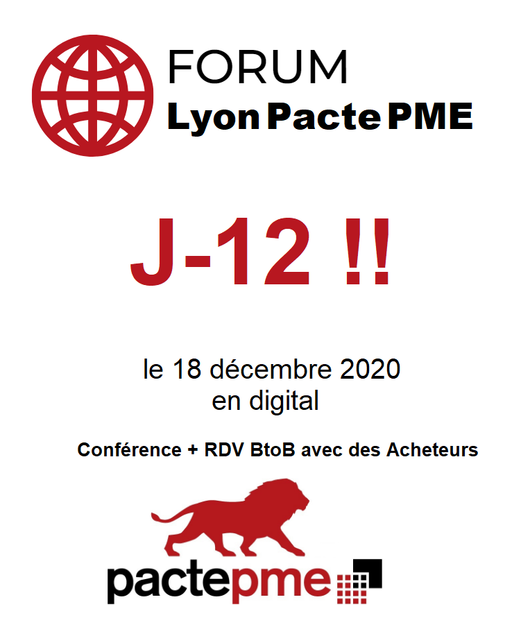 #PME, #TPE, #Startups, vous cherchez des #clients ?
FORUM Lyon Pacte PME, le 18.12.2020 (digital), sur les #Achats responsables.Conférence avec des intervenants d'exception, #RDV #BtoB entre les 100 #Acheteurs et nos 200 entreprises inscrits à l'évènement! lnkd.in/eYUC5HR
