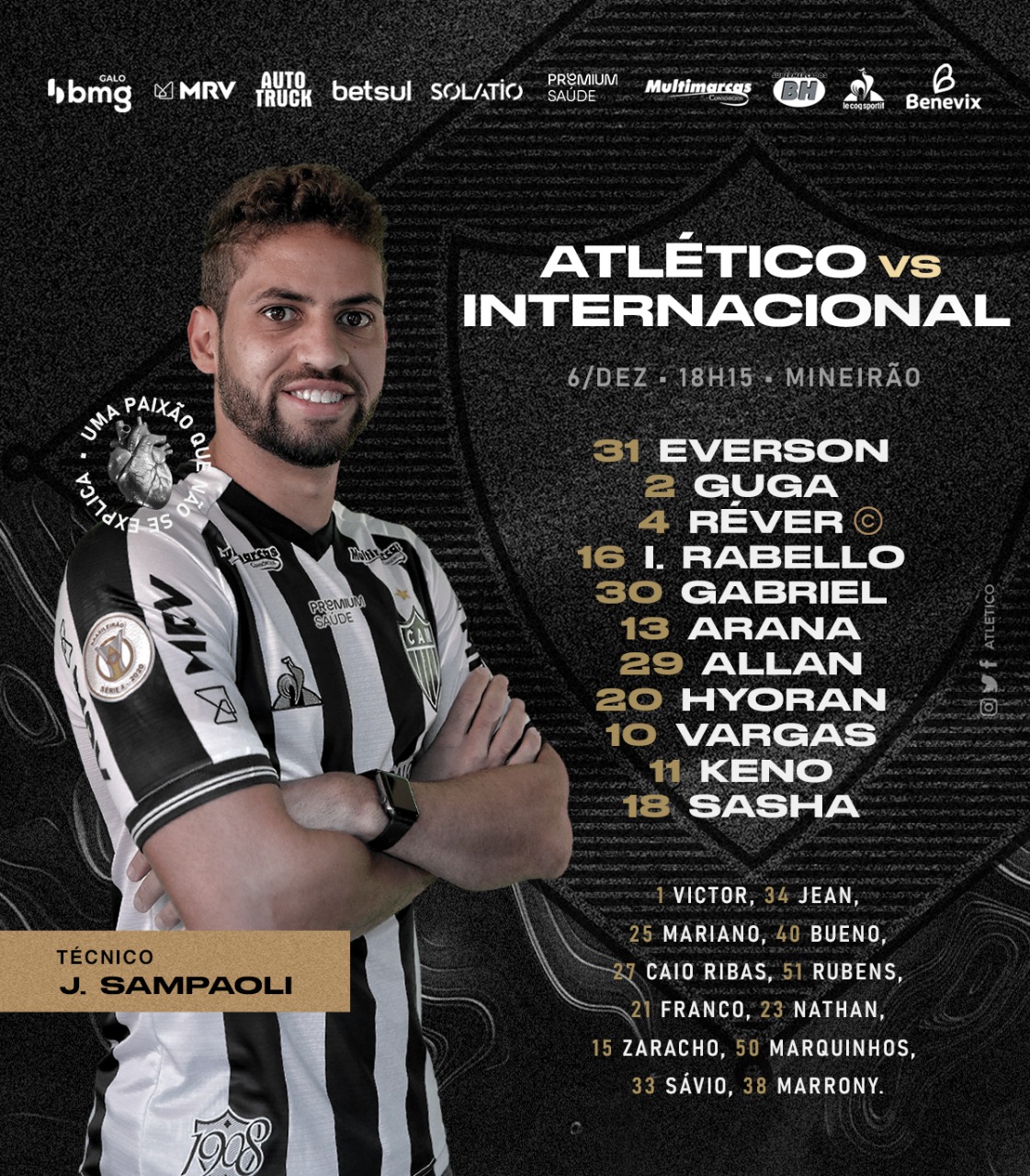 Escalação do Atlético-MG: com DM cheio, Galo divulga relacionados