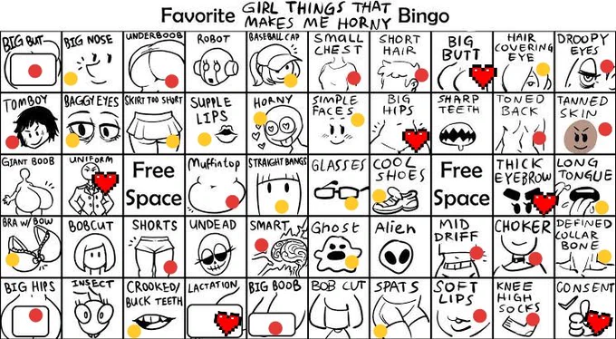 This was fun but took so long because Im a horny bastard and into everything 

Orange: like
Red: love
Heart: Top 3 on page (or top 6)

Templates in thread 