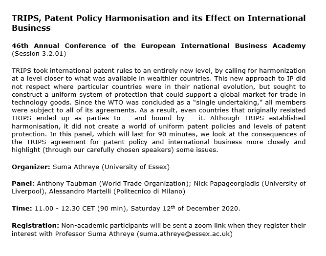 papageorgiadis's tweet photo. Join our online workshop with Anthony Taubman (World Trade Organization), Suma Athreye (University of Essex) and Alessandro Martelli (Politecnico di Milano) at the 46th annual conference of the European International Business Academy. Contact me to receive a link to the session https://t.co/B96CagAYAT