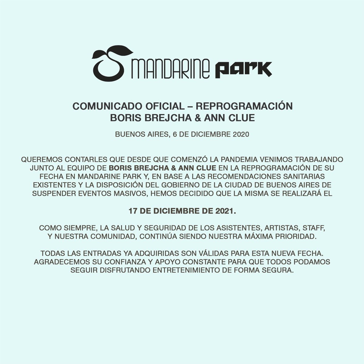 Comunicado oficial - Mandarine Park - Show reprogramado.
<a href="/borisbrejcha/">mauricio gamboa</a> &amp; <a href="/annclue/">ann clue</a>