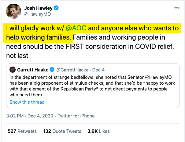 In June, I wrote an article and produced a show on the benefits from the populist left working with populist right-wing factions, and all kinds of liberals and even some leftists went ballistic. I'm not seeing the same reaction to this very encouraging  @AOC/ @HawleyMO exchange:
