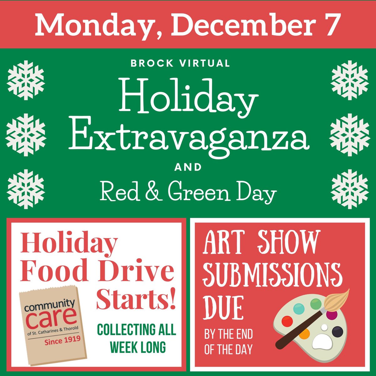 powthorold's tweet photo. Monday, Dec. 7th, is our kick-off for our holiday celebrations. Get decked out in red & green to celebrate Brock's Virtual Holiday Extravaganza. Submit your art masterpieces for our virtual holiday show. Please bring in non-perishable donations for Community Care. #powfamily https://t.co/u6DivJAiq5
