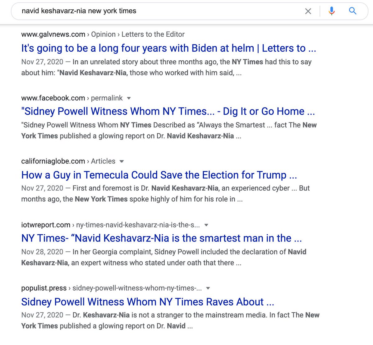 Since then, he's become an internet ghost. If you Google him, what comes up are weird pop-up websites that support that the voter fraud narrative. Yesterday, Mike Flynn suggested (on Dave Janda's show) that he knows Nia, who also used to work for the DIA.