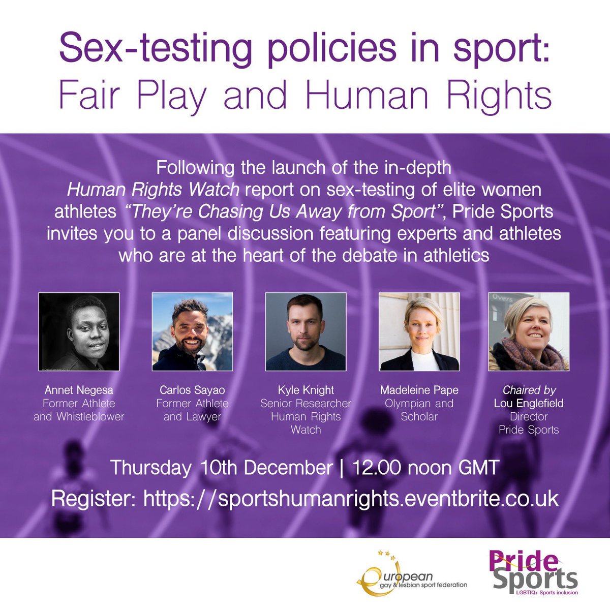 MitrP's tweet photo. Please join @PrideSportsUK on Thursday, Dec 10, 12 noon GMT to listen to a discussion on the @hrw report on sex-testing policies in athletics. #RainbowLaces @LouEnglefield @Madeleine_Pape @AnnetNegesa @knightktm @TeamAnnet @pjvazel  Register here: https://t.co/clxEtuXvP5? https://t.co/XDk0hAdB74