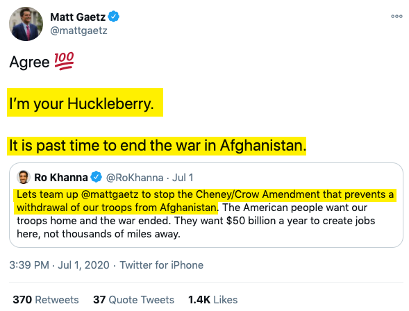 One more example to underscore the point:  @mattgaetz and  @RoKhanna publicly vowing to work together (with  @TulsiGabbard) to end the war in Afghanistan, against attempts by pro-war House Dems & Liz-Cheney-led neocons to prevents troop withdrawal: