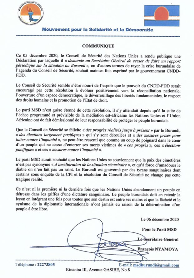 MsdBurundi's tweet photo. #Communiqué du @MsdBurundi sur la déclaration du #CSNU sur le #Burundi https://t.co/bzVyEvuDre
