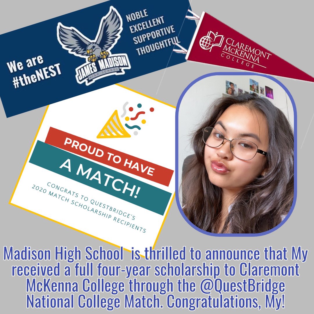 Congratulations to Class of 2021's My for her four-year scholarship to Claremont McKenna College through the <a href="/QuestBridge/">QuestBridge</a> National College Match! Way to go, My!! #theNEST