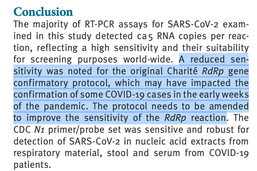 We'll start with Muenchhoff et al. published in Eurosurveillance which concludes with Charite' RdRp assay is faulty and needs to be replaced. This manuscript demonstrates sensitivity issues. This would support False Negatives. But you must understand why it creates FNs...