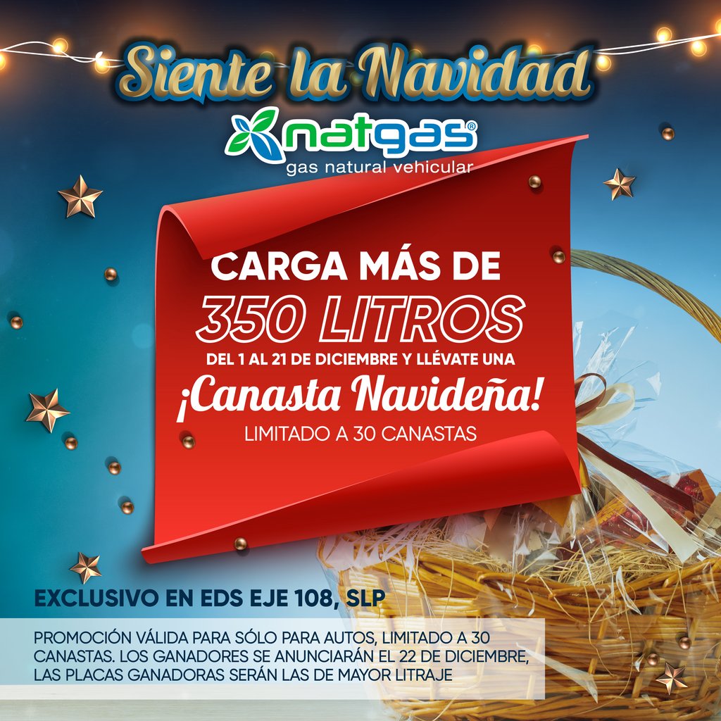 Carga 350 litros o más de Natgas 🚘🌿 del 1 al 21 de diciembre ❄️
Y gana una canasta navideña 🎄🎅🏼 ¡Limitado a 30 canastas! ⏰
Promoción exclusiva para SLP 🤩

📍 Natgas Eje 108 - Av. Benito Juarez #3510-1 Col. Zona Industrial
#SienteLaNavidadConNatgas