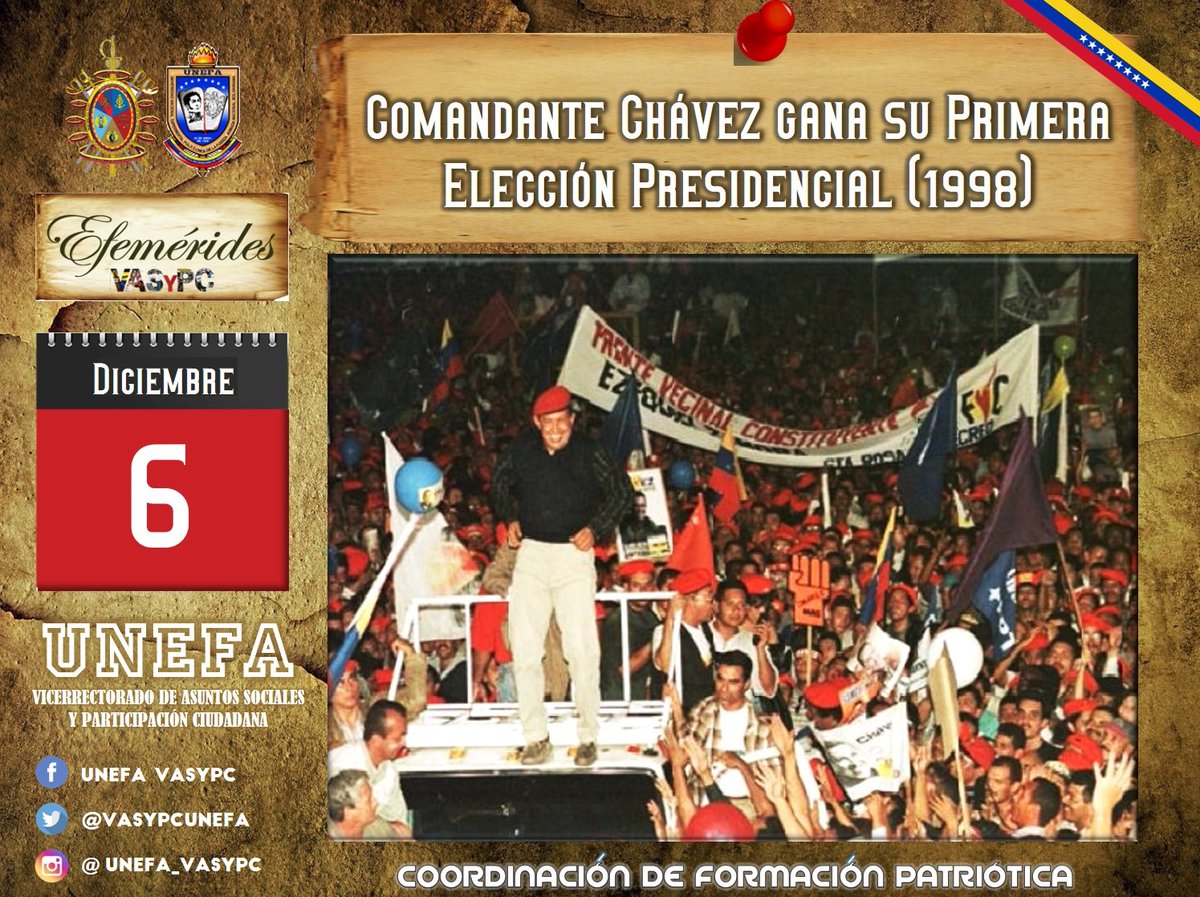 yanvasal's tweet photo. #Parlamentarias2020 Un día como hoy 6 de diciembre de 1998, Hugo Chávez Frías se convertía por primera vez en presidente constitucional con 3.673.685 votos, los más altos en la historia de Venezuela derrotando a los partidos de la cuarta república .@jesuspenavzla https://t.co/iPdP37gELl