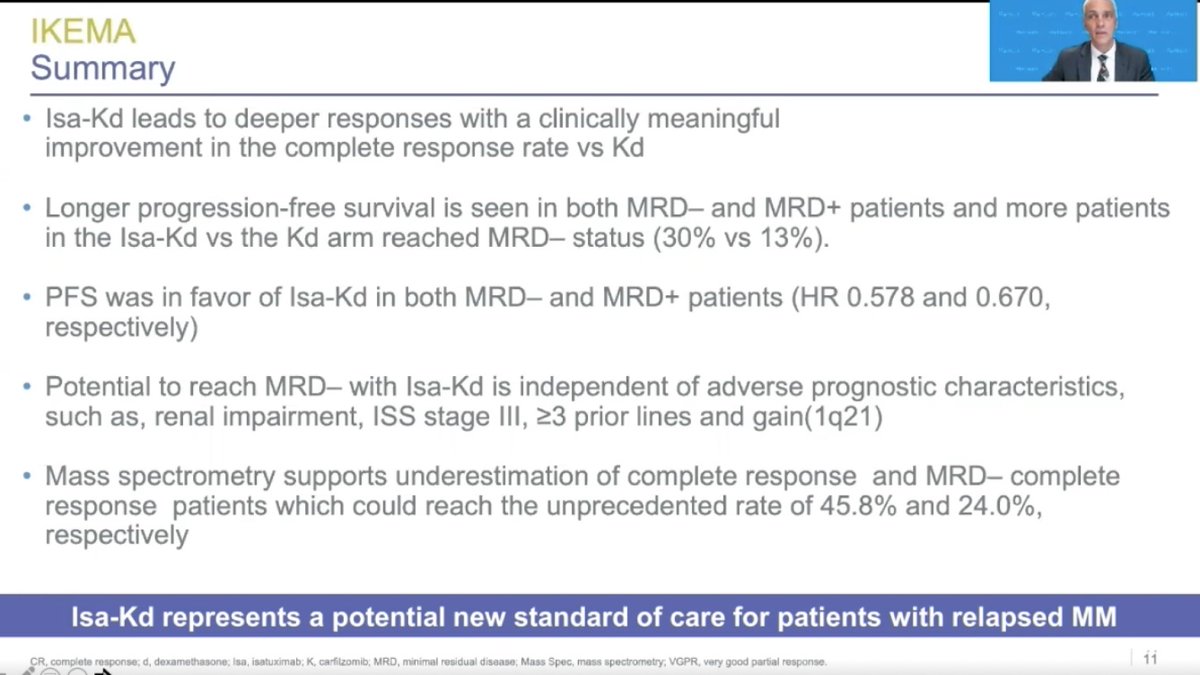 SLentzsch's tweet photo. Impressive MRD-ve rate 41.4% for Isa-Kd presented by superstar @TomBmt133 in the IKEMA study. Should NGS or mass spec the new SOC to better assess depth of response when using mAb?? #ASH20 #ASH20SL #mmsm https://t.co/C5zF6PAZiP