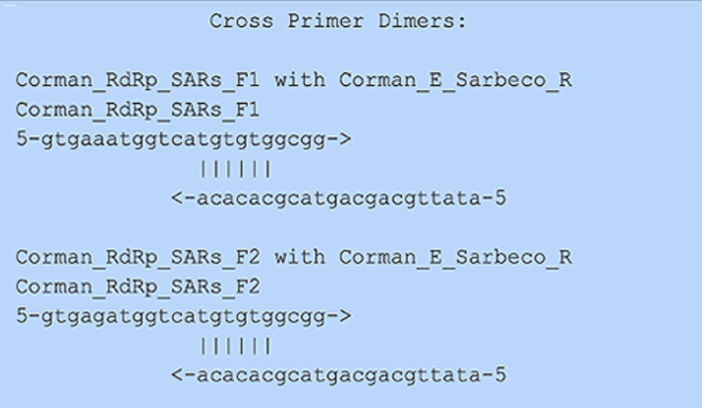 RdRp also has homology to the E primers which we report in Corman-Drosten report. While most labs run these tests in different wells (1-plex), its bad practice to have primer dimers between your 1-plexes knowing liquid handling of Millions of tests can create X-contam.