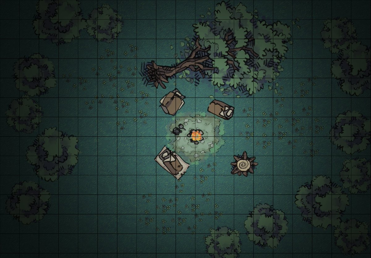 Whipped up a little camp scene for the family D&amp;D game (assets from <a href="/2minutetabletop/">Ross</a>). All that's missing are the slumbering PCs and a pack of roaming dire wolves waiting to surprise them... 🐺🐺