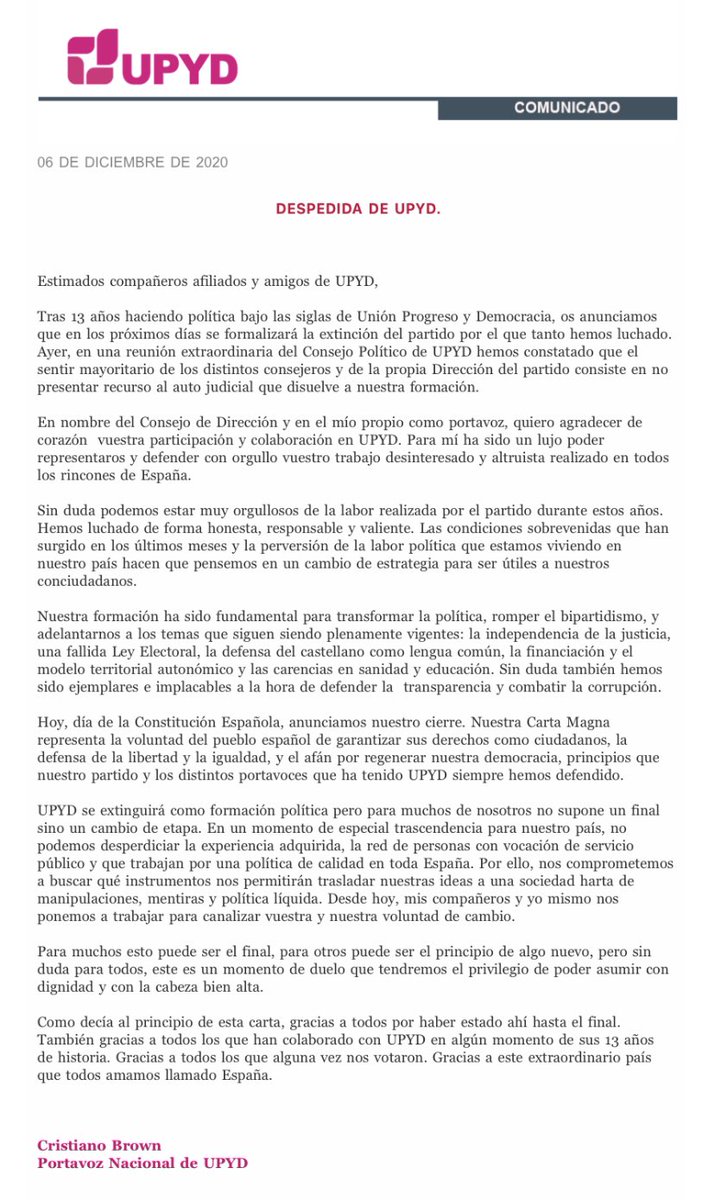 Día triste para los que creíamos en un proyecto como <a href="/UPYD/">UPYD</a>

Ha sido un honor formar parte de esta gran familia y del equipo de comunicación.

La disolución no es el final. Seguiremos trabajando por la Unidad, el Progreso y la Democracia de este país.