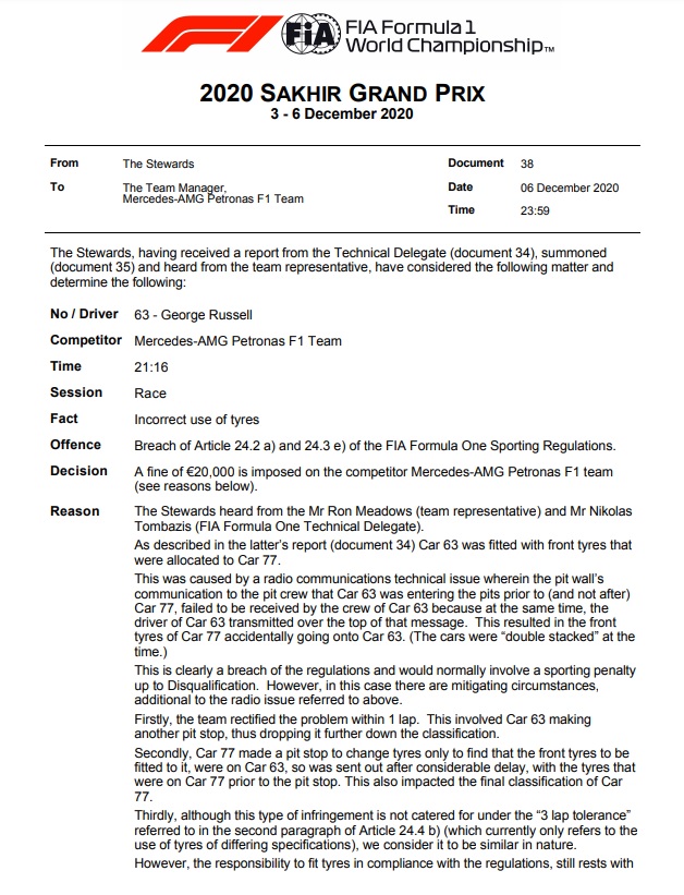 🚨SON DAKİKA! Pit stopta lastikleri karıştıran Mercedes'e 20.000 euro para cezası verildi.