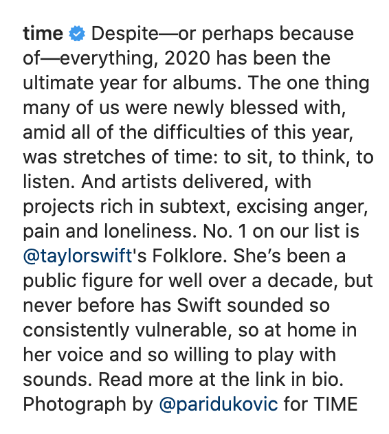 tayswiftdotcom's tweet photo. #Folklore makes Time magazine's list as top album for 2020! https://t.co/XOKUR5AWxN https://t.co/k0xVAGFktQ