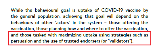 "...goal is uptake of  #COVID19 vaccine by the general population, achieving that  #goal will depend on the behaviours of other "actors" in the system...& those tasked w/ maximizing uptake using strategies such as  #persuasion & the use of  #trusted  #endorsers (or " #validators")."
