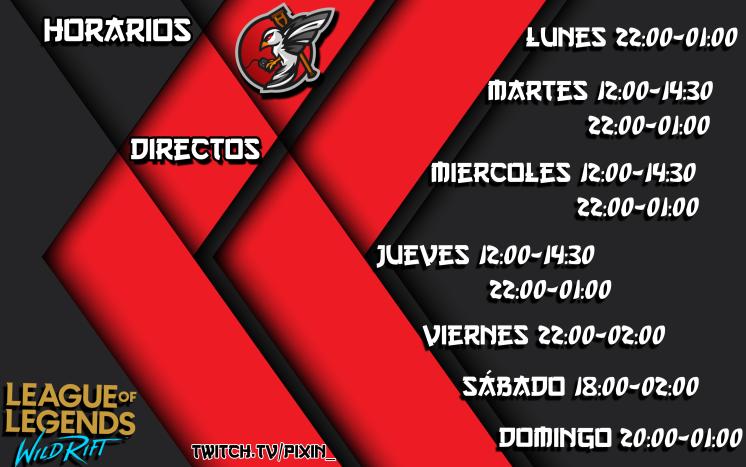 🔴 HORARIO DE DIRECTOS.
Los directos van a ser de Wild Rift. Vamos a jugar a diario para poder competir en este juego.
Os agradecería RT o Fav muchísimo.
twitch.tv/pixin_