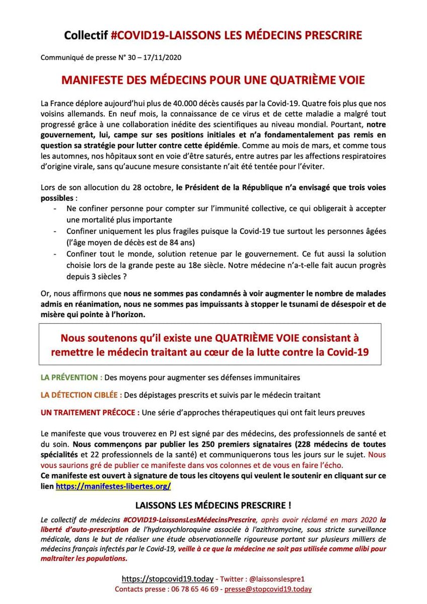 Pour celles et ceux qui n' auraient pas pris connaissance encore du manifeste de <a href="/Laissonslespre1/">Laissonslesprescrire</a> .
Pas besoin d'être soignant pour le signer. Soutenez le manifeste si vous voulez que votre santé continue à vous  appartenir. #COVID19 ⤵️⤵️