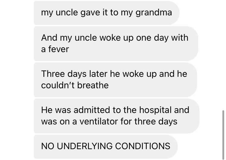 Continuation of my friend’s grandma, because people are slipping into my dm’s about her “underlying conditions.” And how her uncle who originally had covid is weak and lost 35 pounds after getting off a ventilator.