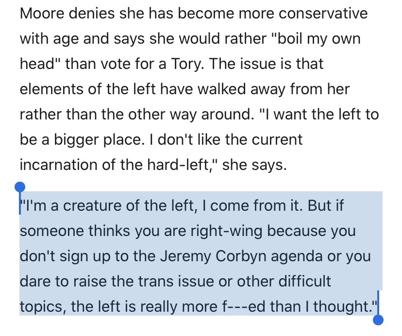 The left is very very good at ignoring the bigotry within its own ranks. I’m sure that Moore, in her long career, has come up against sexism from people on the left on multiple occasions. Yet she’s incapable of seeing herself as part of that same general problem.