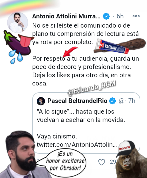 Eduardo_RCM's tweet photo. El que se saca fotos en cueros y arma argüendes en la vía pública: pide respeto, guardar decoro y profesionalismo. ¡Ah, caray!😂😂😂
@lopezobrador_
@AntonioAttolini😛🥚🥚🍌 @HernanGomezB
@abrahamendieta
@gibranrr @fernandeznorona🐒 #ElCacas💩 #LópezInmundo #Felipagate #PitoLópez https://t.co/yMLQ7kLu6c