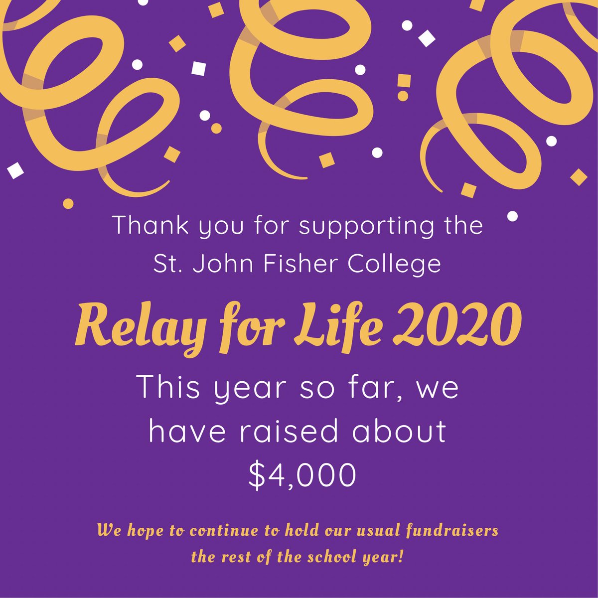 This year so far, we have raised about $4,000! 💜🎗💜

We hope to continue our usual fundraisers the rest of the school year!

Thank you to everyone for their contributions! This event would not be possible or successful without all of you!
#RelayforLife #SJFCCAC #FinishtheFight