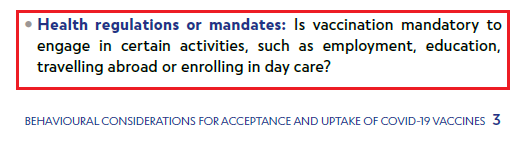 THIS>>>On reducing barriers, the last factor listed on p. 3 is key:"Health regulations or  #mandates: Is  #vaccination  #mandatory to engage in certain activities, such as  #employment,  #education,  #travelling abroad or enrolling in day care?" #Coercion as weapon for  #compliance