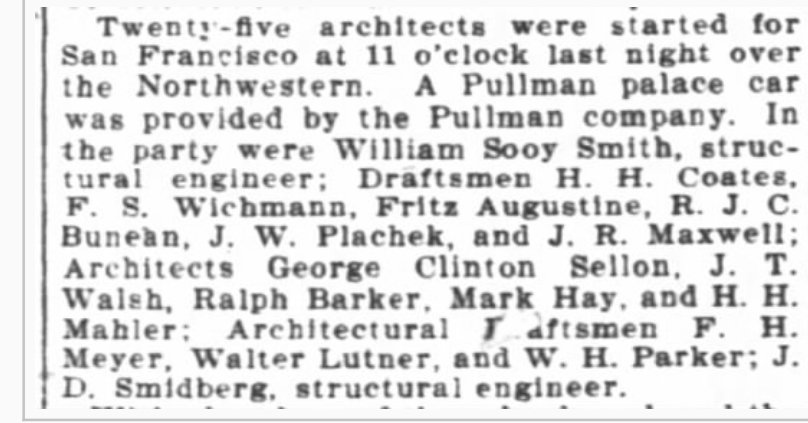 Sellon was among a group of pros called to rebuild San Francisco after the destructive earthquake & fire of April, 1906. Sellon took a special Pullman train "home" to San Francisco, California. There, he partnered with E. C. Hemmings & in 1907, was appointed State Architect. 3/8