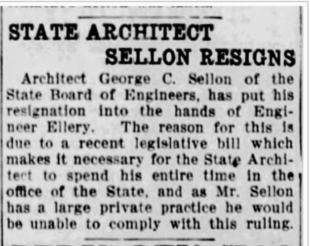 Sellon moved to Sacramento next, and held the position of State Architect until 1909, when he resigned the position due to friction over Sellon taking on private projects "on-the-side." Among these private projects was the design of a home on Lots 142 & 143 in Boulevard Park. 4/8