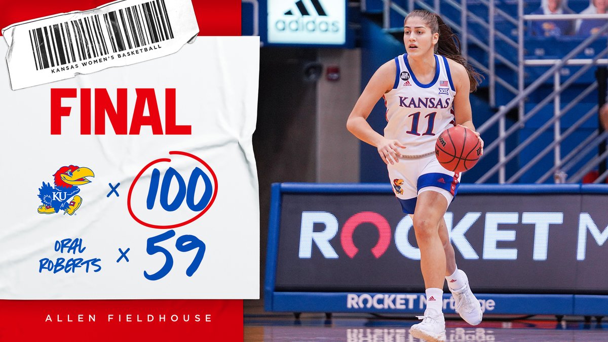 KUWBball's tweet photo. Final in Lawrence 😤

Kansas posts 100 points for the first time since Dec. 12, 2013 vs Texas Southern.

#RockChalk https://t.co/p7SR5TuvVa