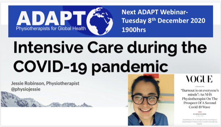 Upcoming ADAPT webinar: Intensive Care during the COVID-19 pandemic with @physiojessie Tuesday 8th December at 7pm via Zoom link, register here: us02web.zoom.us/webinar/regist… 🌍 @physiopedia @cpihd_iscp @TheACPRC @HI_UK @UKMed_NGO