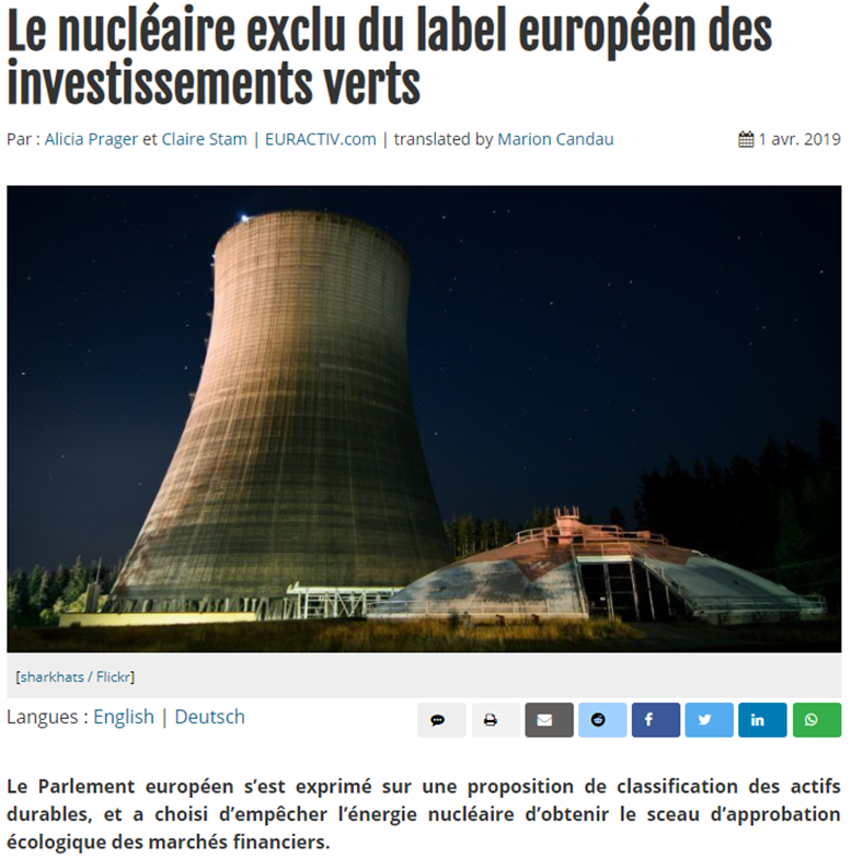 Quelques jalons :mai 18 : La CE fait des propositions pour les investissements bas carbone --> proposition de création de taxonomiemars 19 - le PE exclut le nucléairejuin 19 - la CE : d'électricité nucléaire n'a pas été incluse dans les activités éligibles