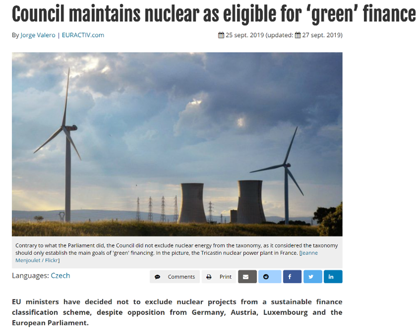 sept 19 - Le Conseil maintient le nucléaire éligible au financement "vert ''nov 19 - PE a adopté la résolution 59 indiquant que le nucléaire peut jouer un rôle significatif et durable dans la lutte contre le changement climatique.