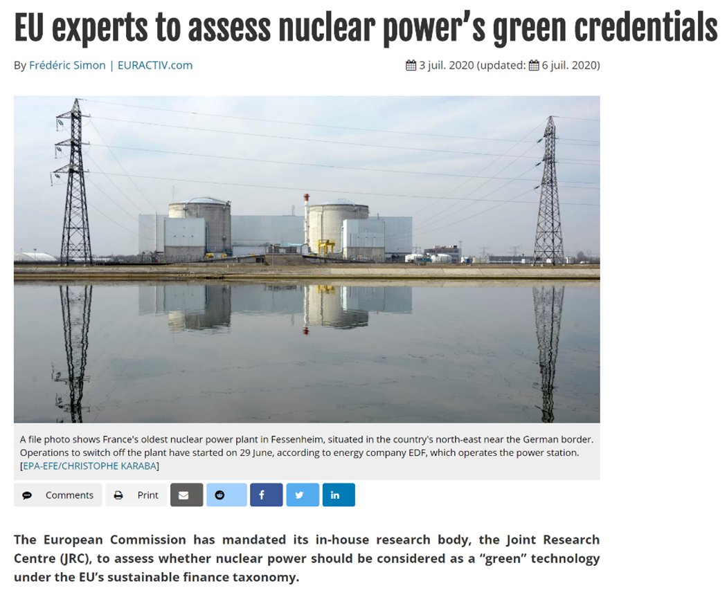 dec 19 - Le conseil Européen accepte que certains pays puissent recourir à l'énergie nucléairejanv 2020 - la commission ne veut pas inclure le nucmars 2020 - rapport final TEGjuillet 2020 - la commission demande au JRC de statuer sur le nuc