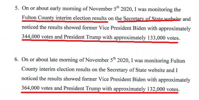 "The Secretary of State website... showed Vice President Biden with approximately 344,000 votes and President Trump with approximately 133,000 votes."On or about late morning... [it showed] Biden with 364,000 votes and President Trump with approximatedly 132,000 votes." 2/5
