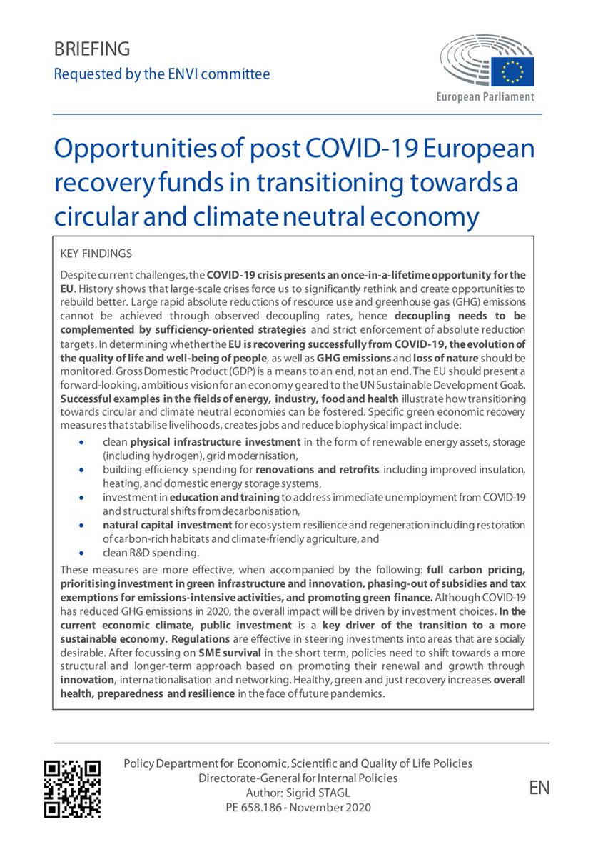 Mais ce n'est pas tout : en novembre 2020 un think tank du parlement européen, à la demande du groupe  @EU_ENV (ENVI) sort un document sur les opportunités des fonds de relance européens post-Covid-19 dans la transition vers une économie circulaire et climatiquement neutre