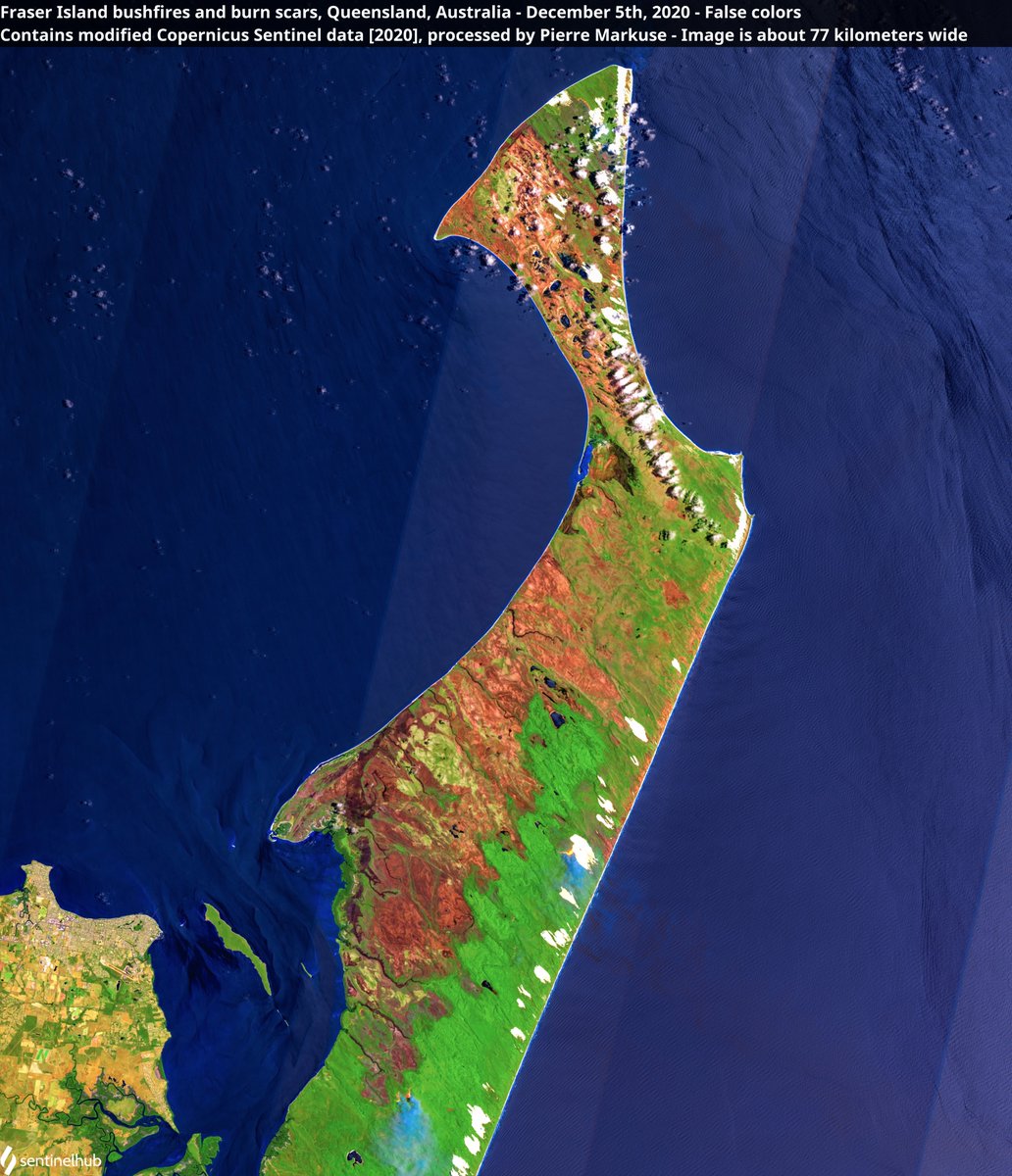 Satellite image of the Fraser Island bushfires and burn scars, Queensland, Australia. Copernicus/Pierre Markuse