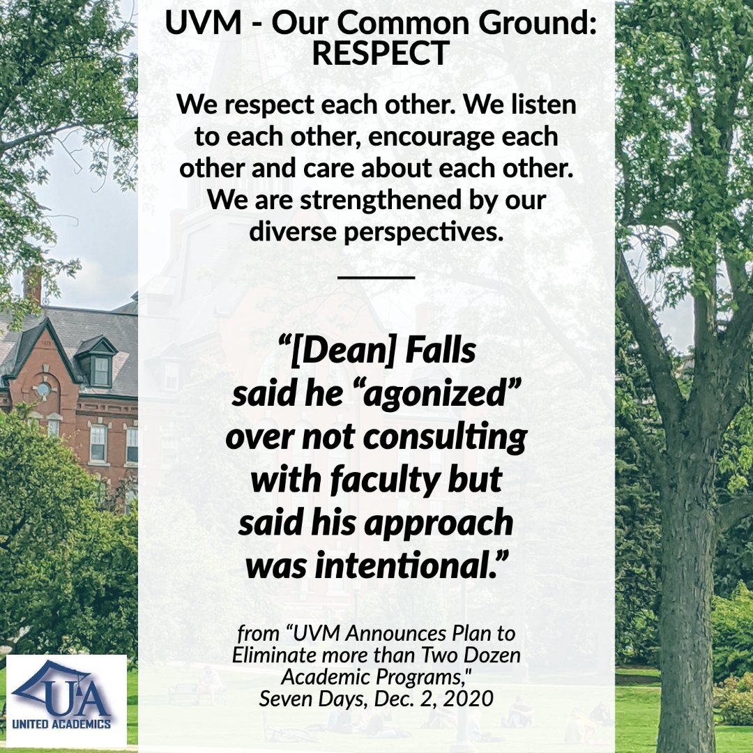 UAunion's tweet photo. NO faculty or students were consulted on the plan to close entire departments. @uvmvermont @SVGarimella @UVMPattyPrelock, how does this plan reflect UVM's Our Common Ground values? #DefendUVMvalues #uvm https://t.co/t8pSXPD60C