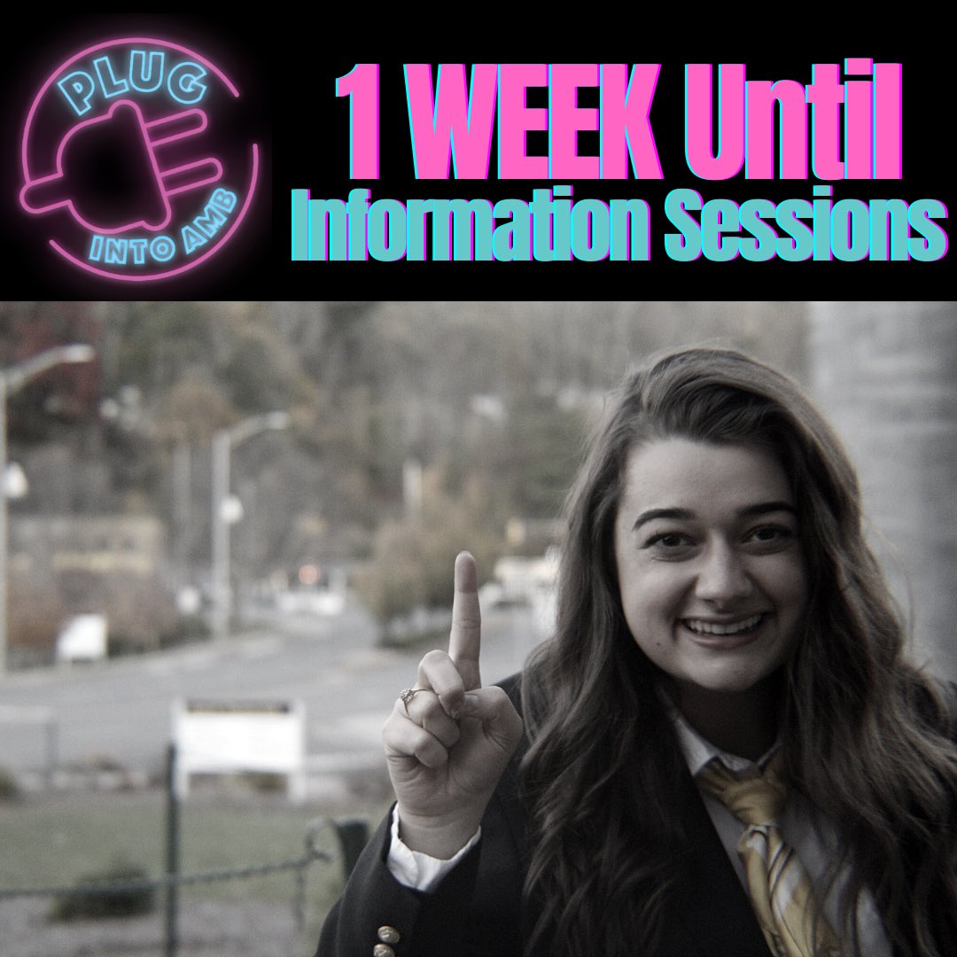 One more week!! Don’t forget to sign up for an information session about our membership process and what it’s like to be an ambassador! #plugintoAMB
Tag a friend below you want to sign up for an info session! 👇
