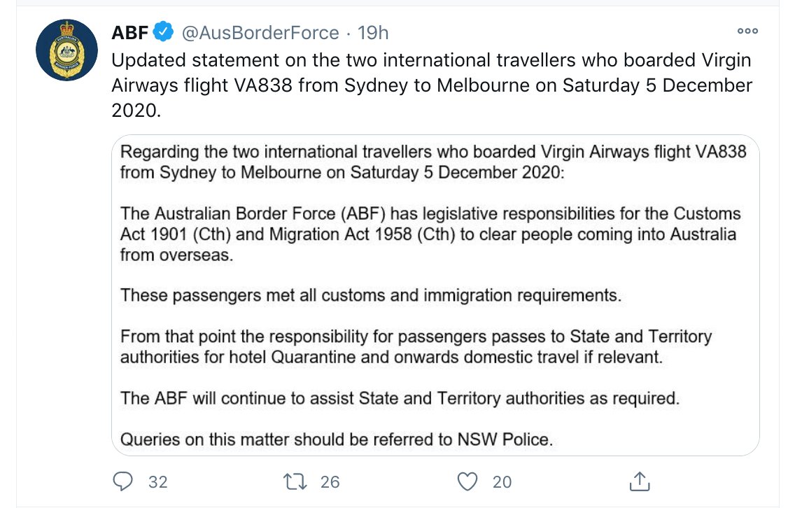 The media then report the federal govt's words verbatim without questioning why this abrogation of responsibilities exists.Dutton's Border Force then release not 1, but 2 media releases pointing the finger at NSW.They do this on a Sunday pm, so you know they're in a panic.