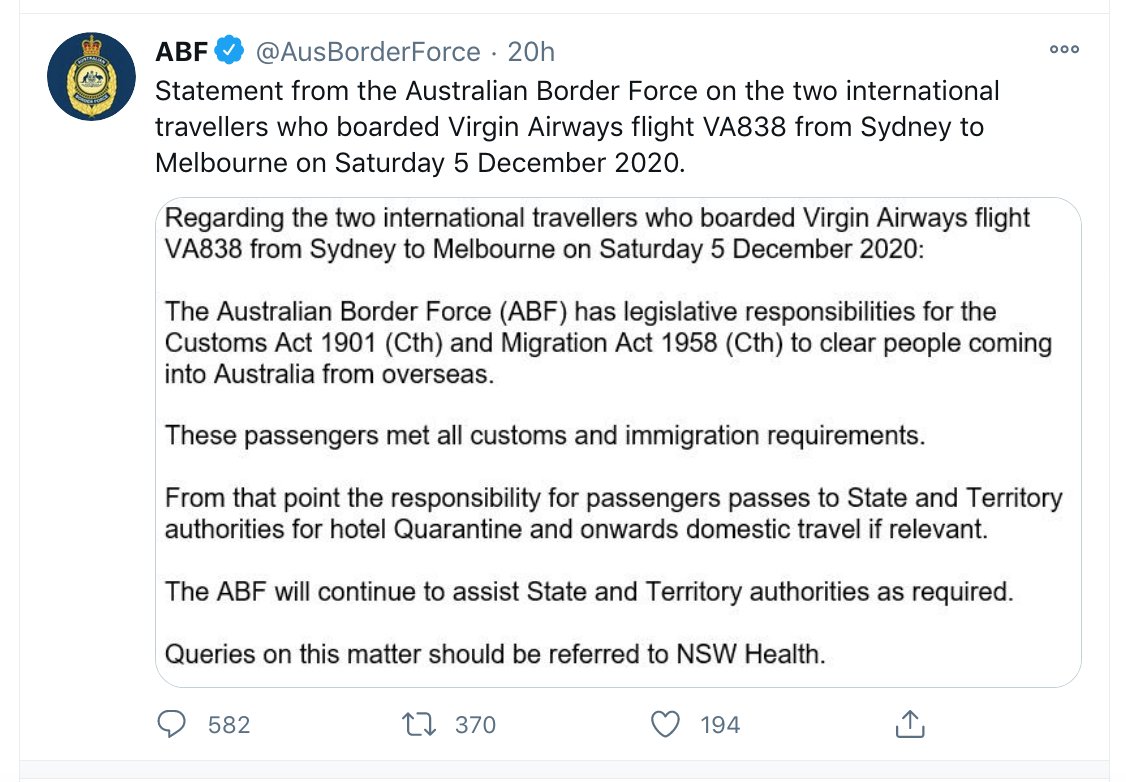 The media then report the federal govt's words verbatim without questioning why this abrogation of responsibilities exists.Dutton's Border Force then release not 1, but 2 media releases pointing the finger at NSW.They do this on a Sunday pm, so you know they're in a panic.