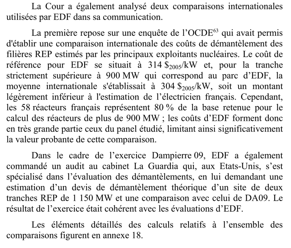 Pour rappel en 2012 la cour des comptes donnait un cout de 304$/kw $2005 ce qui donne aujourd'hui environ 350€/kw (même si la cour des compte a demandé en 2020 plus de calculs de sensibilité aux exploitants) pour le démantèlement du parc  #nucléaire edf actuel